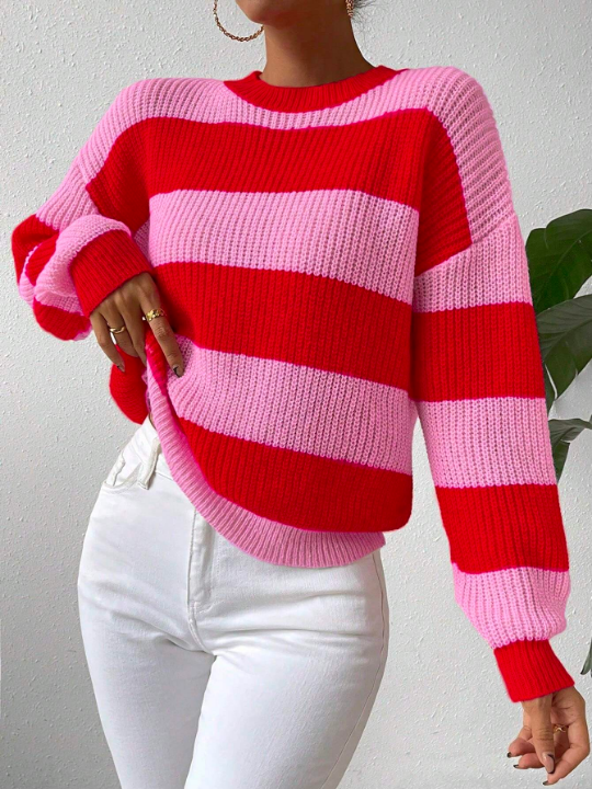 Essnce Loose Fit Color Block Striped Sweater With Dropped Shoulders