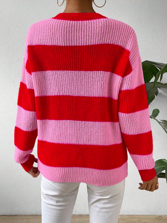 Essnce Loose Fit Color Block Striped Sweater With Dropped Shoulders