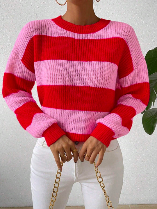 Essnce Loose Fit Color Block Striped Sweater With Dropped Shoulders