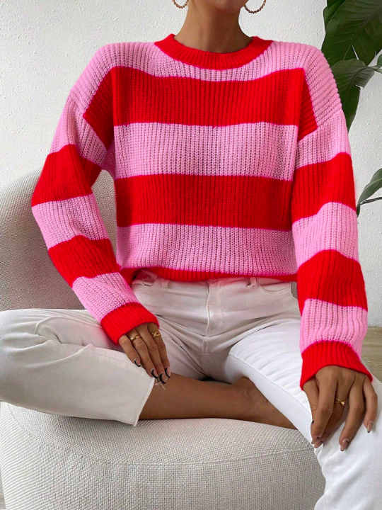 Essnce Loose Fit Color Block Striped Sweater With Dropped Shoulders