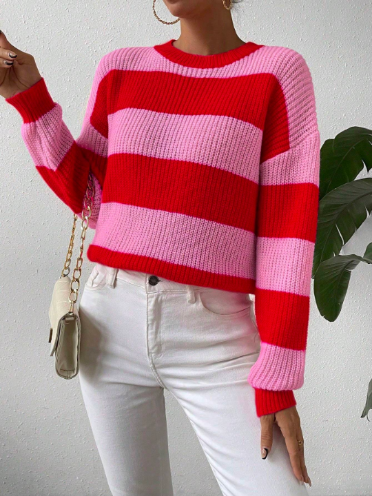 Essnce Loose Fit Color Block Striped Sweater With Dropped Shoulders