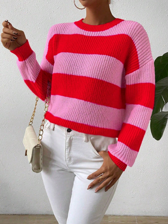 Essnce Loose Fit Color Block Striped Sweater With Dropped Shoulders