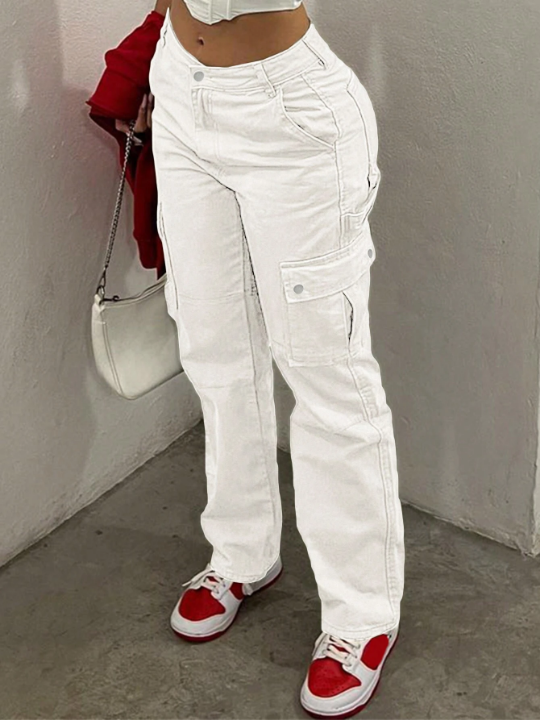 Solid Flap Pocket Side Cargo Pants