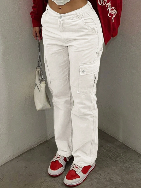 Solid Flap Pocket Side Cargo Pants