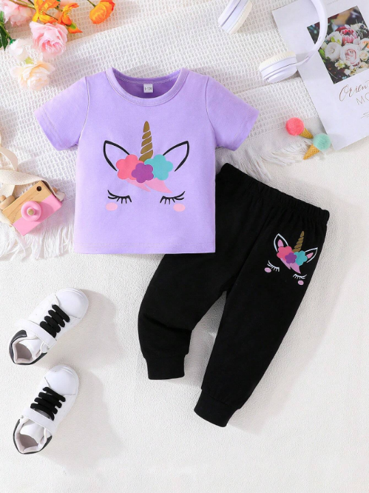 2pcs/Set Baby Girl Simple Style Unicorn Pattern Printed Short Sleeve T-Shirt And Pants For Spring/Summer