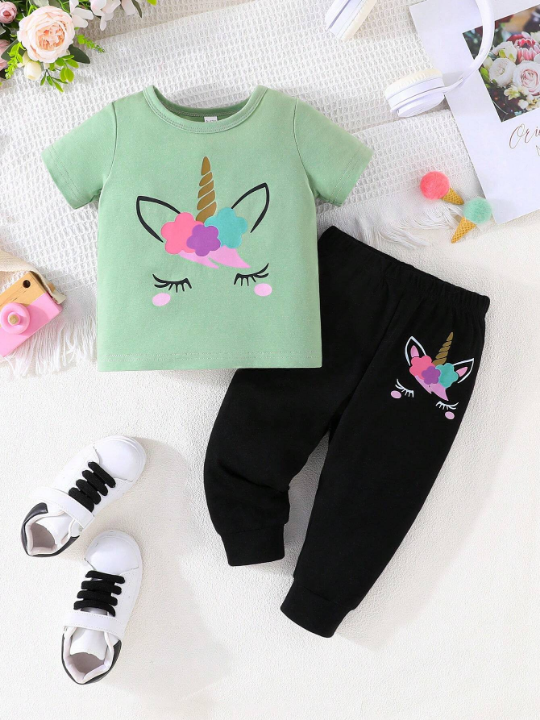 Baby Girl 2pcs/Set Simple & Casual Unicorn Pattern Short Sleeve T-Shirt And Pants Outfit, Spring/Summer