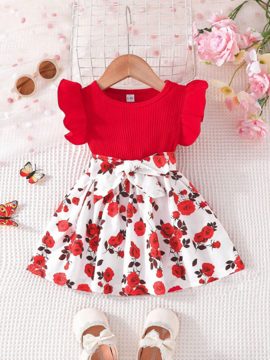 Toddler Baby Girls' Elegant Romatic Rose Pattern Round Neck Cap Sleeve Dress With Belt, Summer