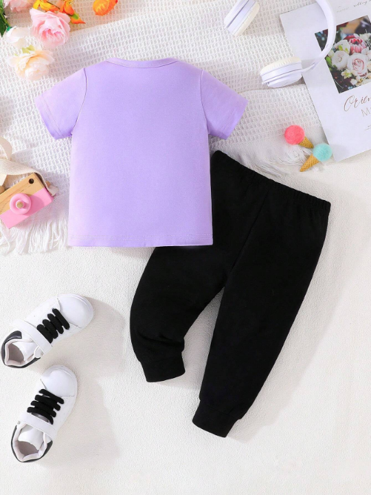 2pcs/Set Baby Girl Simple Style Unicorn Pattern Printed Short Sleeve T-Shirt And Pants For Spring/Summer