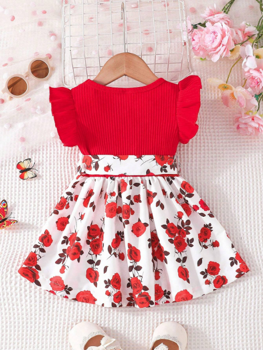 Toddler Baby Girls' Elegant Romatic Rose Pattern Round Neck Cap Sleeve Dress With Belt, Summer