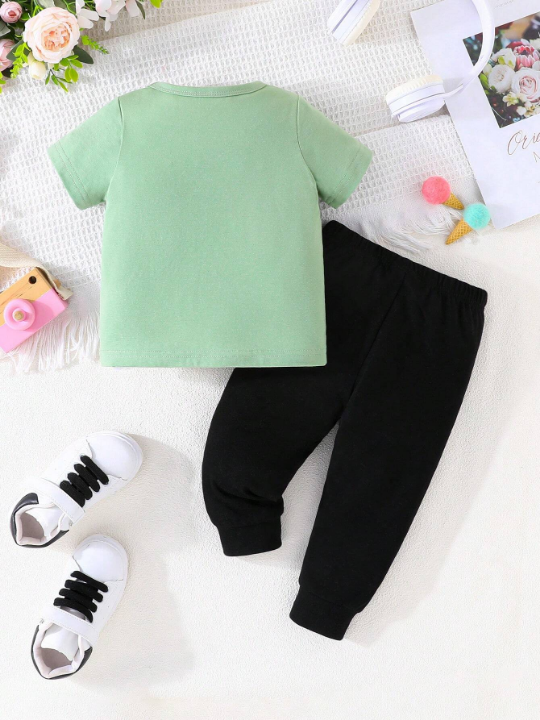 Baby Girl 2pcs/Set Simple & Casual Unicorn Pattern Short Sleeve T-Shirt And Pants Outfit, Spring/Summer