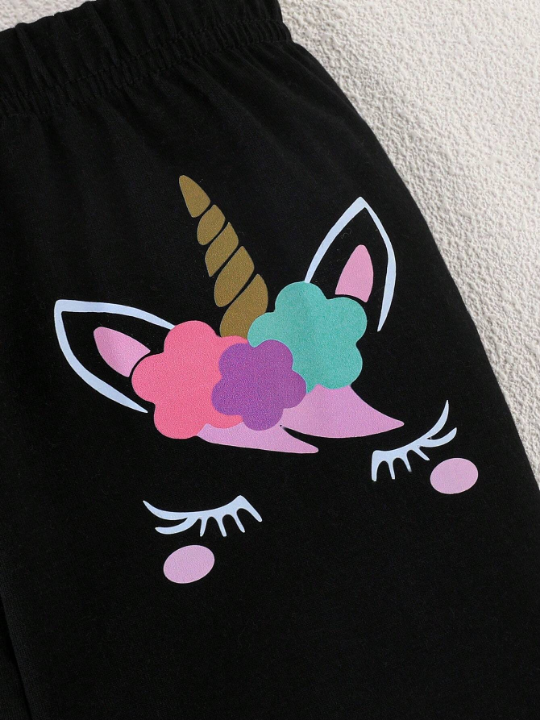 Baby Girl 2pcs/Set Simple & Casual Unicorn Pattern Short Sleeve T-Shirt And Pants Outfit, Spring/Summer