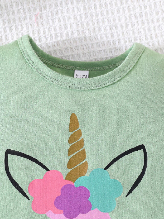 Baby Girl 2pcs/Set Simple & Casual Unicorn Pattern Short Sleeve T-Shirt And Pants Outfit, Spring/Summer