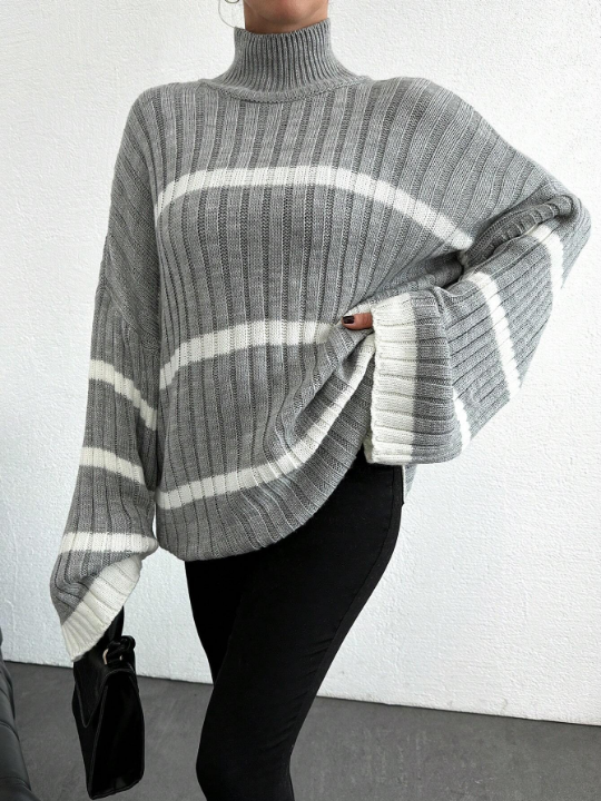 Women's Stand Collar Striped Drop Shoulder Sweater