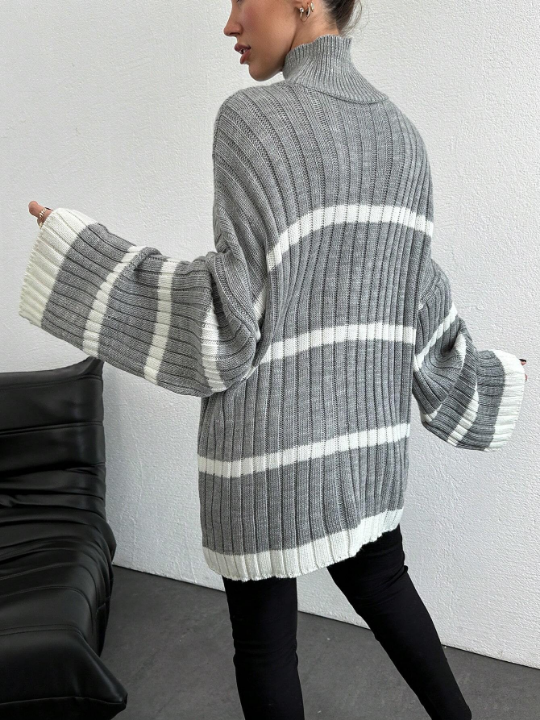 Women's Stand Collar Striped Drop Shoulder Sweater