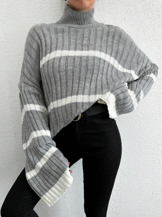 Women's Stand Collar Striped Drop Shoulder Sweater