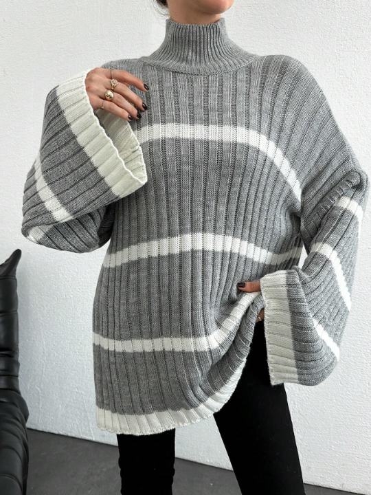 Women's Stand Collar Striped Drop Shoulder Sweater