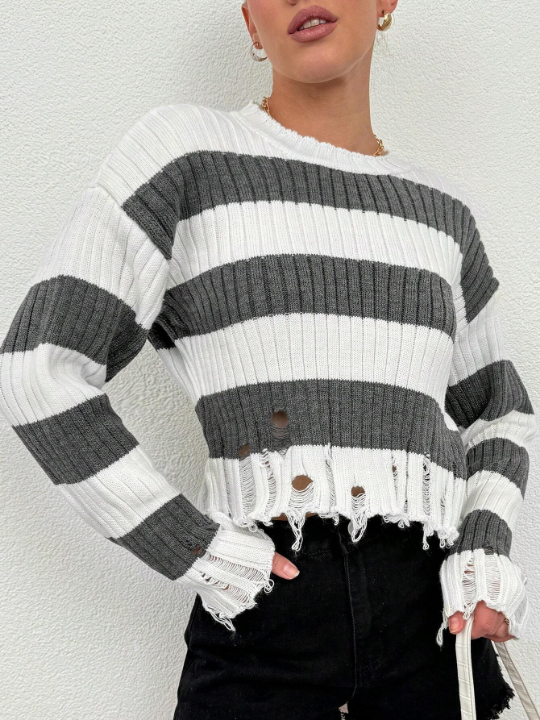 Women's Striped Distressed Drop Shoulder Sweater