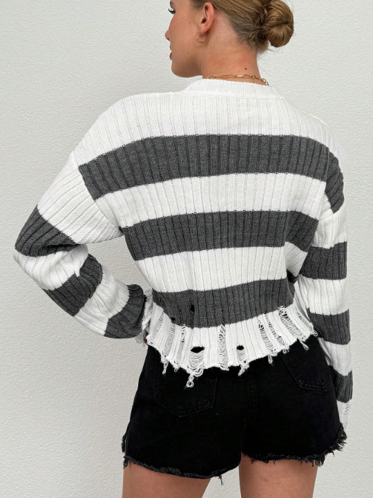 Women's Striped Distressed Drop Shoulder Sweater