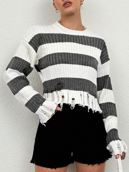 Women's Striped Distressed Drop Shoulder Sweater