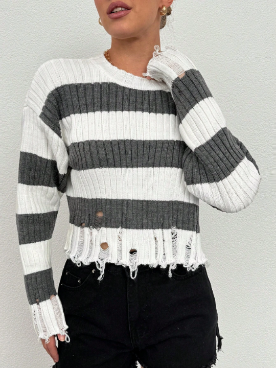 Women's Striped Distressed Drop Shoulder Sweater