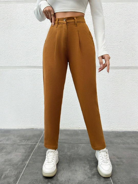 Frenchy Solid Color Pleated Fold Over Tapered Capri Pants