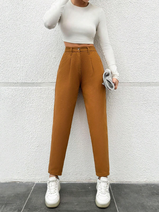 Frenchy Solid Color Pleated Fold Over Tapered Capri Pants