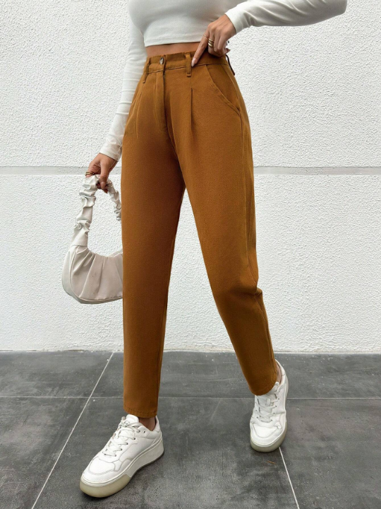 Frenchy Solid Color Pleated Fold Over Tapered Capri Pants