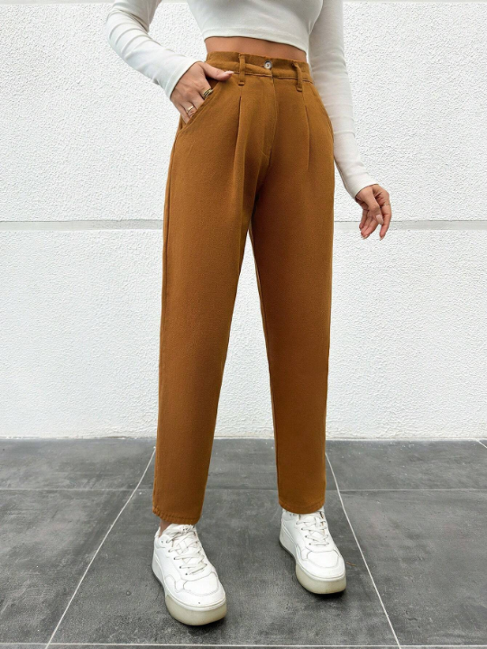 Frenchy Solid Color Pleated Fold Over Tapered Capri Pants