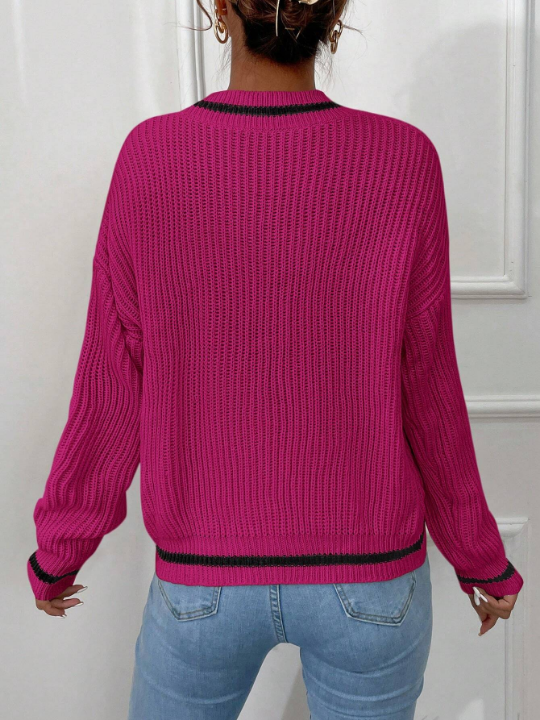 Frenchy Striped Trim Drop Shoulder Cricket Sweater