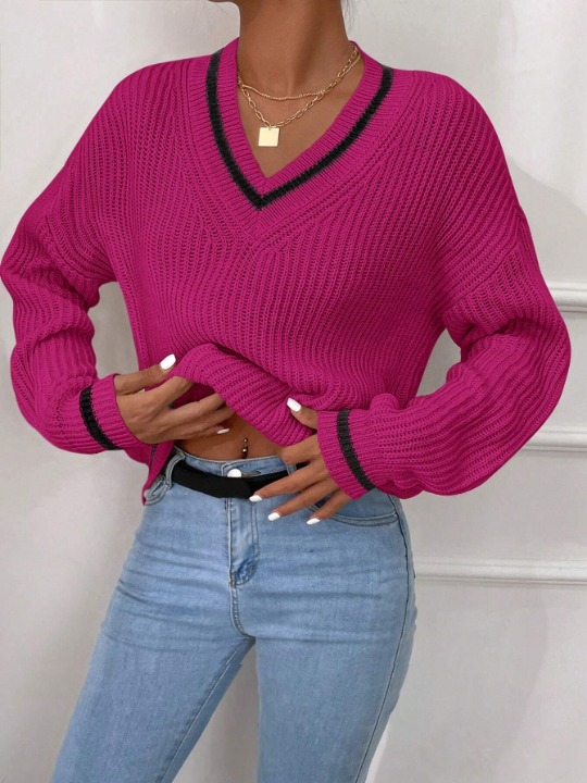 Frenchy Striped Trim Drop Shoulder Cricket Sweater