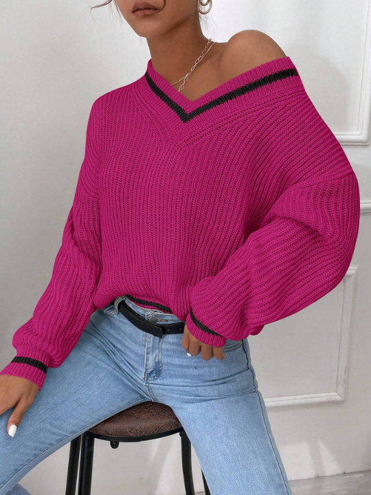 Frenchy Striped Trim Drop Shoulder Cricket Sweater