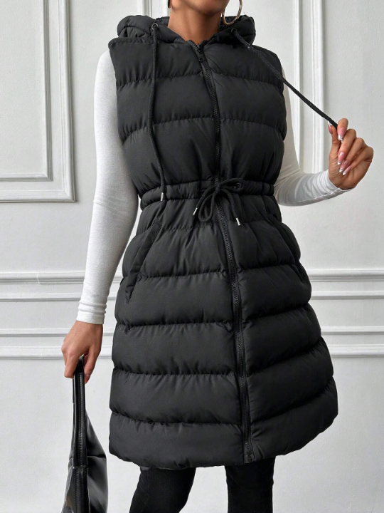 Drawstring Waist Zipper Vest Puffer Coat