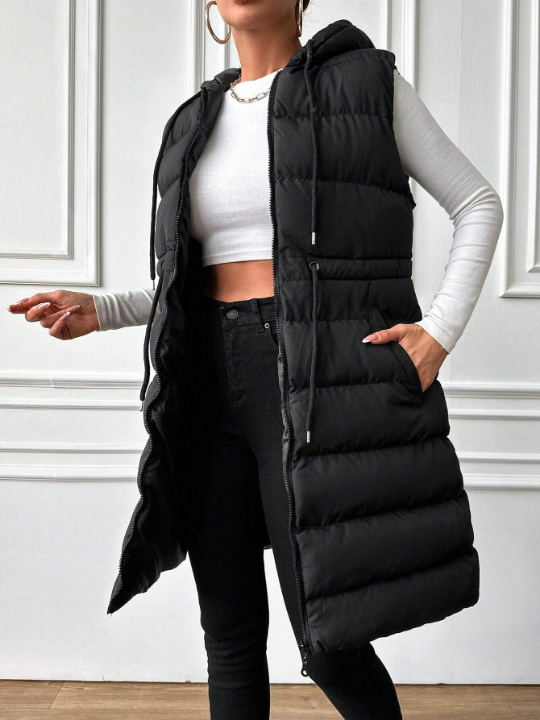 Drawstring Waist Zipper Vest Puffer Coat