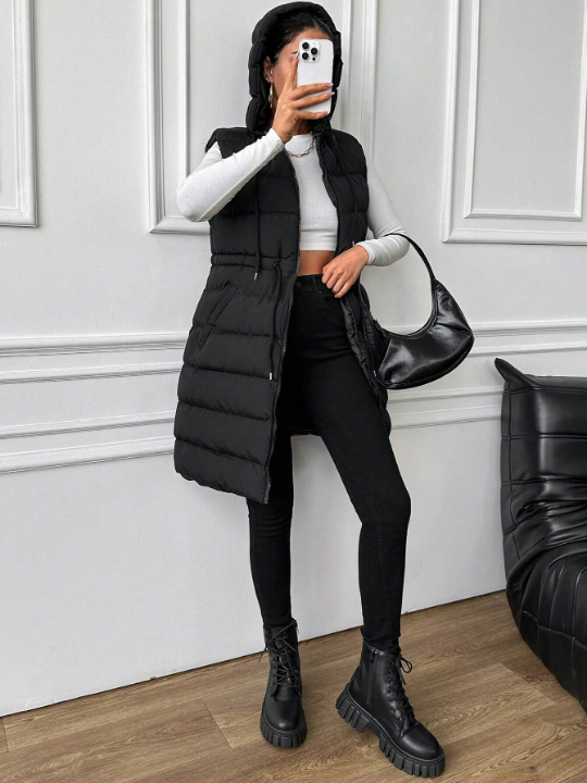 Drawstring Waist Zipper Vest Puffer Coat