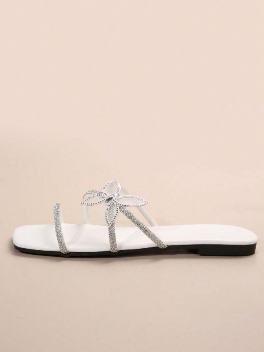 Multiple Strap Women's Sandals With Rhinestone Bow And French Style, White, Ideal For Summer & Autumn