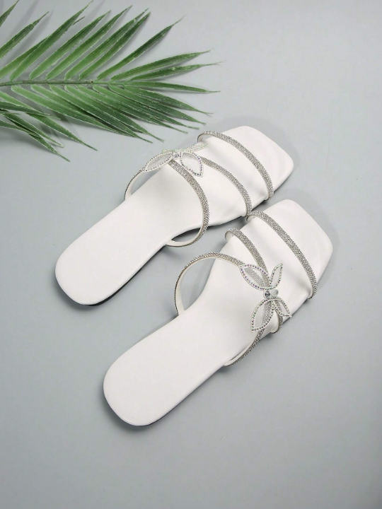 Multiple Strap Women's Sandals With Rhinestone Bow And French Style, White, Ideal For Summer & Autumn