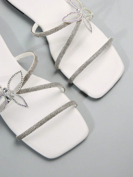 Multiple Strap Women's Sandals With Rhinestone Bow And French Style, White, Ideal For Summer & Autumn