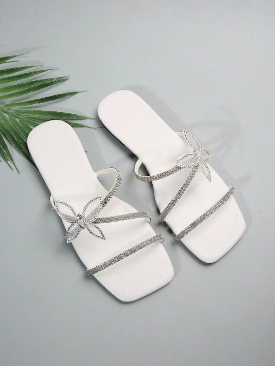 Multiple Strap Women's Sandals With Rhinestone Bow And French Style, White, Ideal For Summer & Autumn