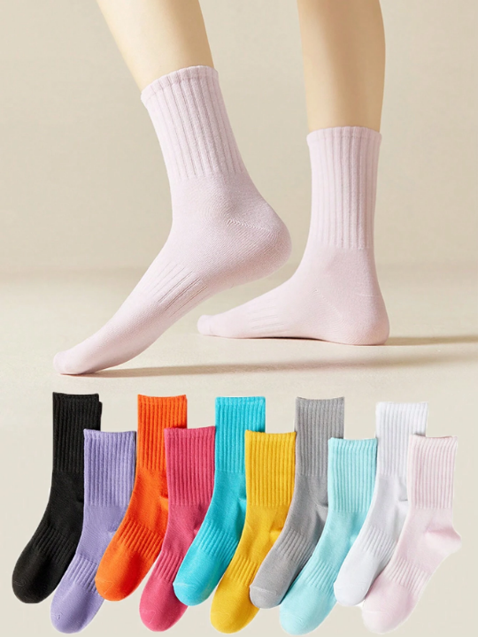 10pairs Random Color Women's Solid Color Sport Long Tube Socks, All Seasons, Suitable For Stripes And Simplified Design, Breathable