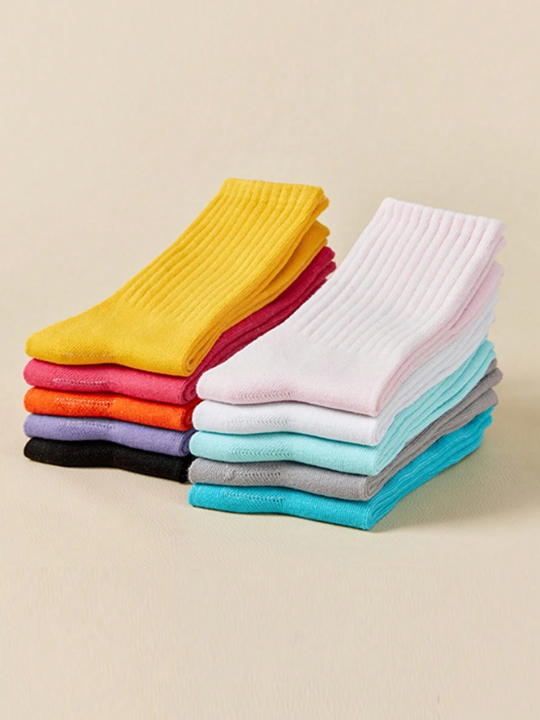 10pairs Random Color Women's Solid Color Sport Long Tube Socks, All Seasons, Suitable For Stripes And Simplified Design, Breathable