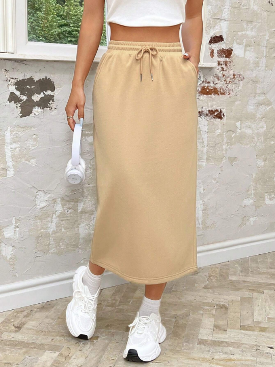 EZwear Drawstring Waist Asymmetrical Skirt With Slanted Pockets