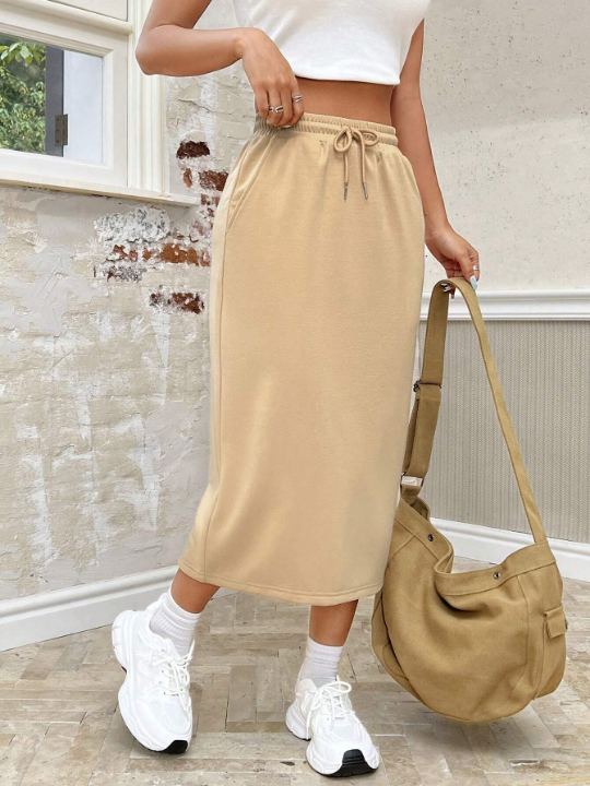 EZwear Drawstring Waist Asymmetrical Skirt With Slanted Pockets