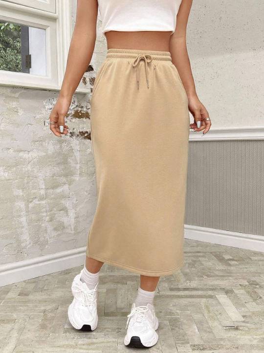 EZwear Drawstring Waist Asymmetrical Skirt With Slanted Pockets