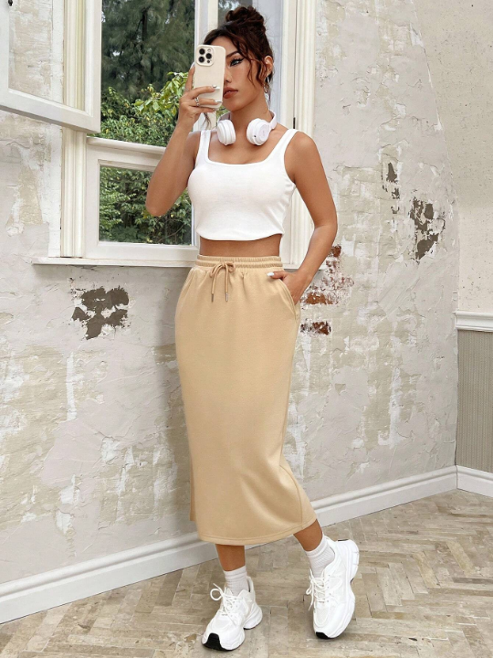 EZwear Drawstring Waist Asymmetrical Skirt With Slanted Pockets