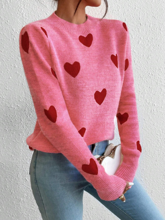 Essnce Heart Pattern Long Sleeve Sweater