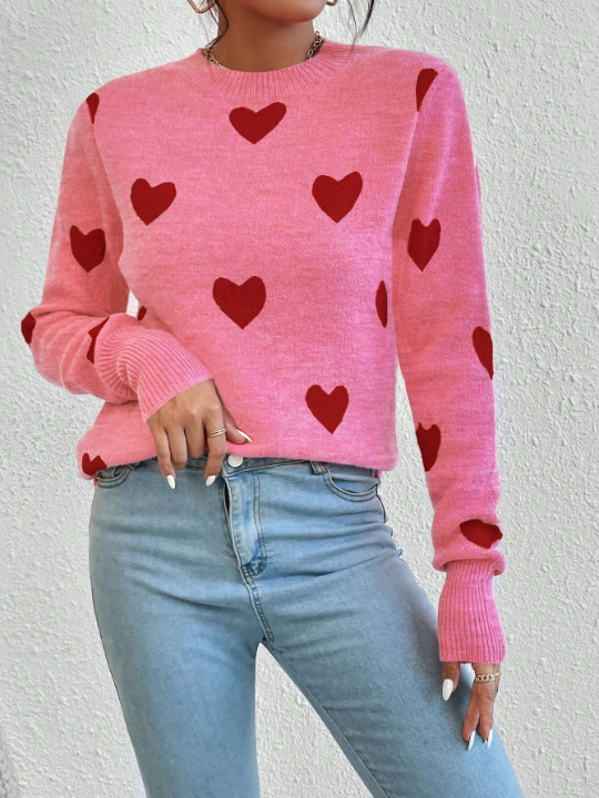 Essnce Heart Pattern Long Sleeve Sweater