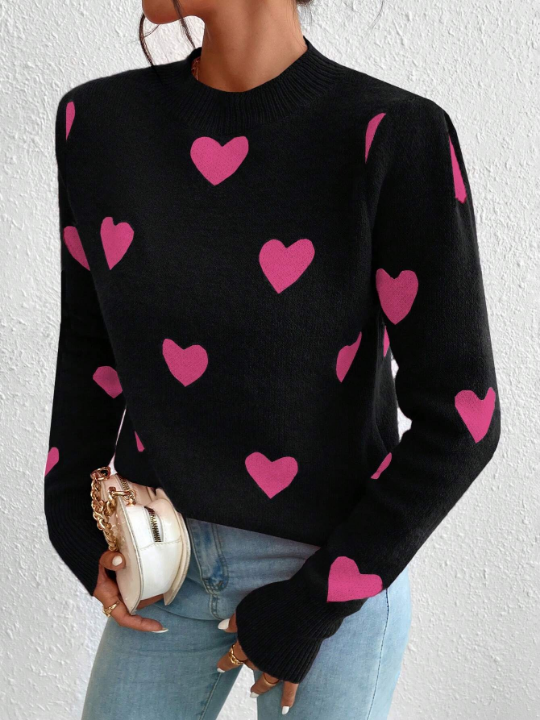 Essnce Heart Pattern Long Sleeve Sweater