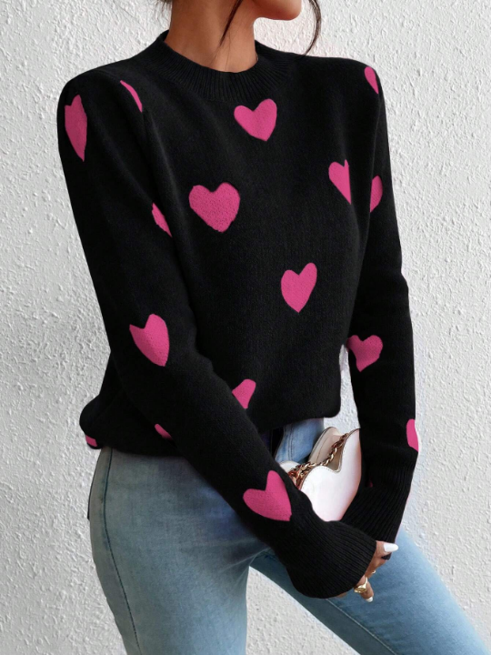 Essnce Heart Pattern Long Sleeve Sweater