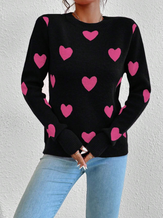 Essnce Heart Pattern Long Sleeve Sweater