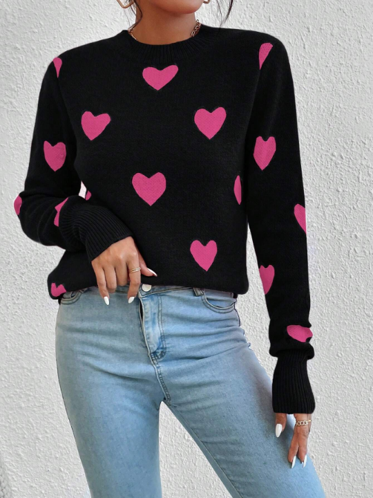 Essnce Heart Pattern Long Sleeve Sweater